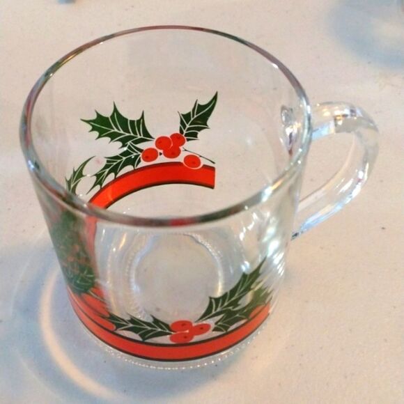 Vintage Set of 4 Libbey Christmas Decoration Holly‎ and Berries Clear Glass Mugs - Picture 6 of 6